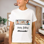Camiseta Photo collage film name birthday boy<br><div class="desc">Personalize and add a name and 3 photos inside the film roll frame. Black text.</div>