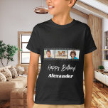 Camiseta Photo collage film name birthday boy black<br><div class="desc">For a black/dark t-shirt. Personalize and add a name and 3 photos inside the film roll frame. White text.</div>