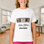 Camiseta Photo collage film name birthday girl<br><div class="desc">For a white/light colored t-shirt. Personalize and add a name and 3 photos inside the film/movie roll frame. Black text.</div>