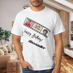 Camiseta Photo collage film name birthday guy<br><div class="desc">For a white/light colored t-shirt. Personalize and add a name and 3 photos inside the film roll frame. Black text.</div>