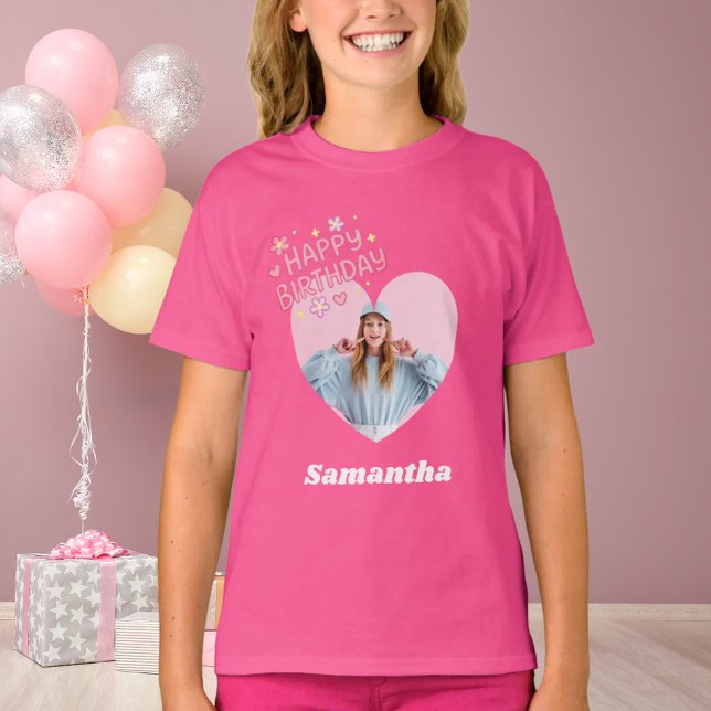 Camiseta Photo heart name birthday girl pink (Criador carregado)