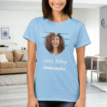 Camiseta Photo heart name birthday woman blue<br><div class="desc">For a blue/dark t-shirt. Personalize and add a name and a photo inside the heart shaped frame. White text.</div>