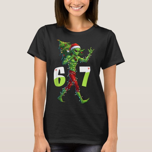 Camiseta Piada de Natal Alien Seis Sete Meme 67 Chapéu de P (Frente)