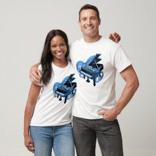 Camiseta Piano Azul de Arte de Linha Estilizada