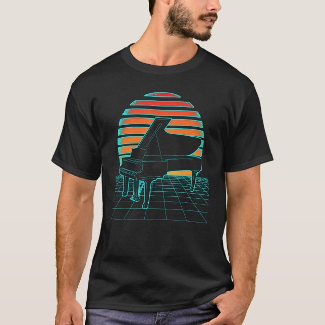 Camiseta Piano Retro Wave Futurism 80s Sunset Para Pianista (Frente)