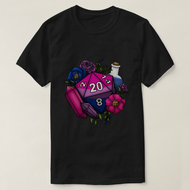 Camiseta Piche de Dice de Jogos do Orgulho Bissexual D20 Ta (Frente do Design)