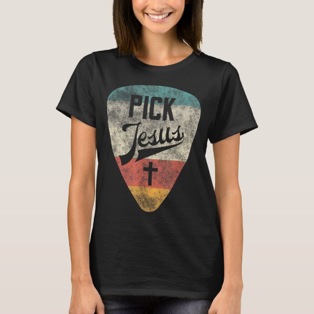 Camiseta Pick Jesus Christian Music Pastor Guitar Retro Vin (Frente)