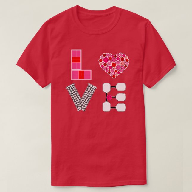 Camiseta Pickleball Love Heart Court Balls Paddles Rosa Ver (Frente do Design)