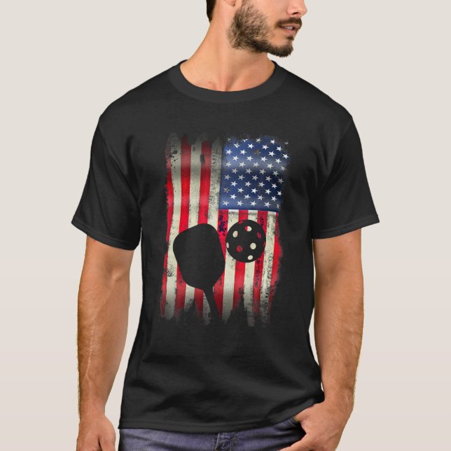 Camiseta Pickleball Patriótico EUA Bandeira Americana 4 de  (Frente)