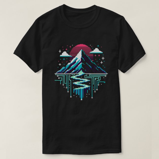 Camiseta Picos Digitais - Terras Montanhosas com Pixel Cybe (Frente do Design)
