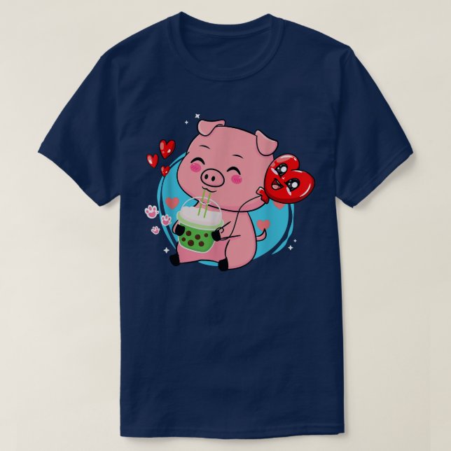Camiseta Pig Boba Tea Bubble Tea Kawaii Anime Japonês Neko (Frente do Design)