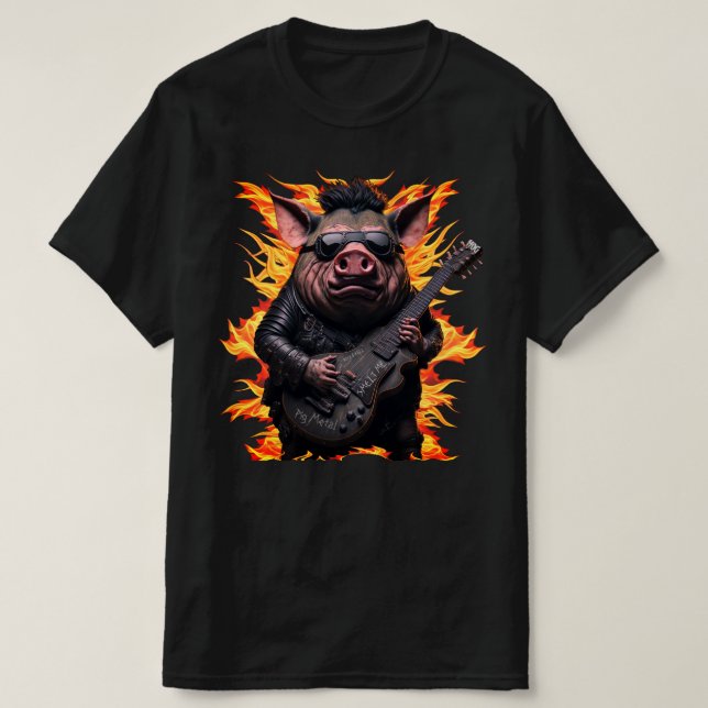Camiseta Pig Metal Guitar I Ham Rock And Roll Musical Hot (Frente do Design)