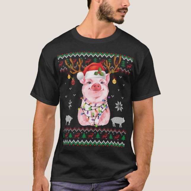 Camiseta Pig Reindeer Papais noeis Xmas Light Ugly Sweater  (Frente)