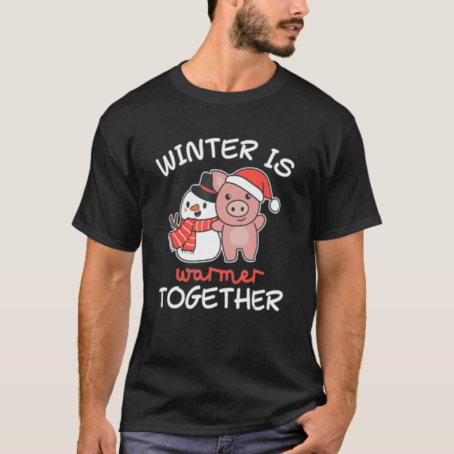 Camiseta Pig Winter É Mais Quente Junto Com Neve Snowman (Frente)