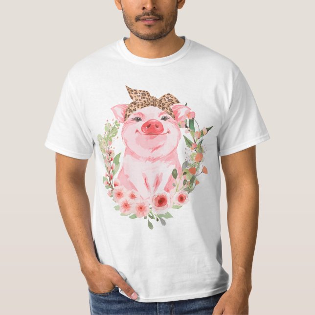 Camiseta Pig With Leopard Headband Flower T Cute Pig Lover  (Frente)