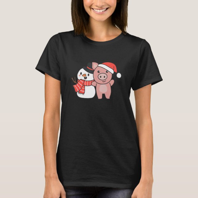 Camiseta Pig With Snowman In Winter For Christmas (Frente)