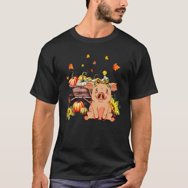 Camiseta Pig With Wooden Wheelbarrow Leopard Pumpkin Sunflo (Frente)