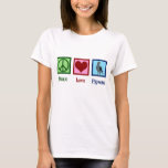 Camiseta Pigeons do Amor pela Paz<br><div class="desc">Pigões do Amor pela Paz. Um presente bonito de pombo com um sinal de paz,  coração,  e um pássaro giro.</div>