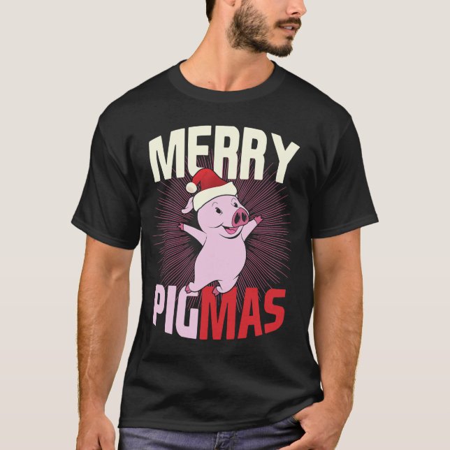 Camiseta Pigmas Happy Pig Santa Hat Merry Christmas (Frente)