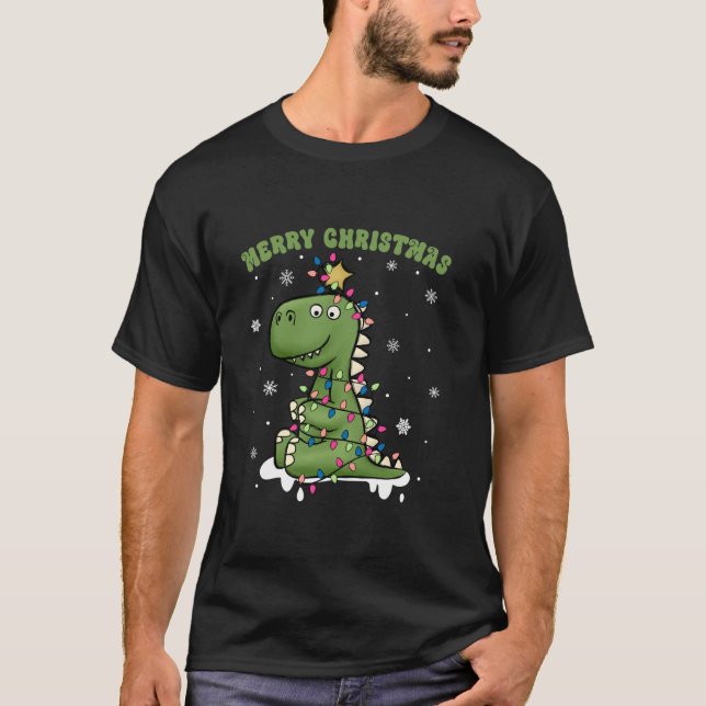Camiseta Pijama de Natal Árvore Rex Dinossaur Engraçado Din (Frente)