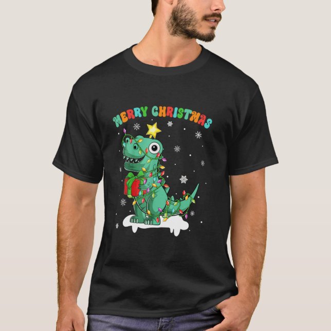 Camiseta Pijama de Natal Árvore Rex Dinossaur Engraçado Din (Frente)