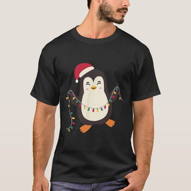 Camiseta Pijamas Cutes Pinguins Papais noeis Xmas Luzes de  (Frente)