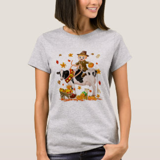 Camiseta Pilgrim Boy Riding Cow Thanksgiving Pilgrim Boy