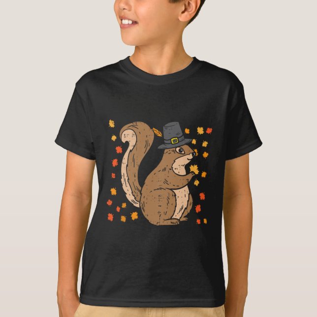 Camiseta Pilgrim Squirrel Cute Ação de Graças outono Ani (Frente)