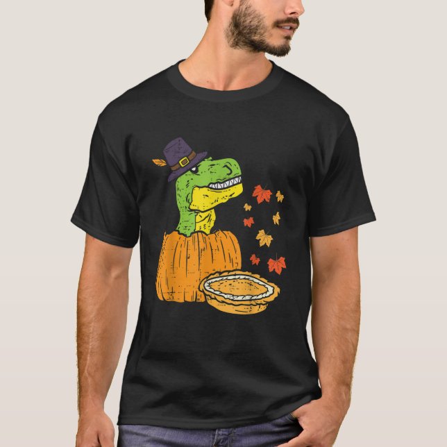 Camiseta Pilgrim Trex Dinosaur Pumpkin Pie Kid de Ação de G (Frente)