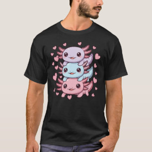 Camiseta Pilha de Axolote Kawaii Fofa com Corações