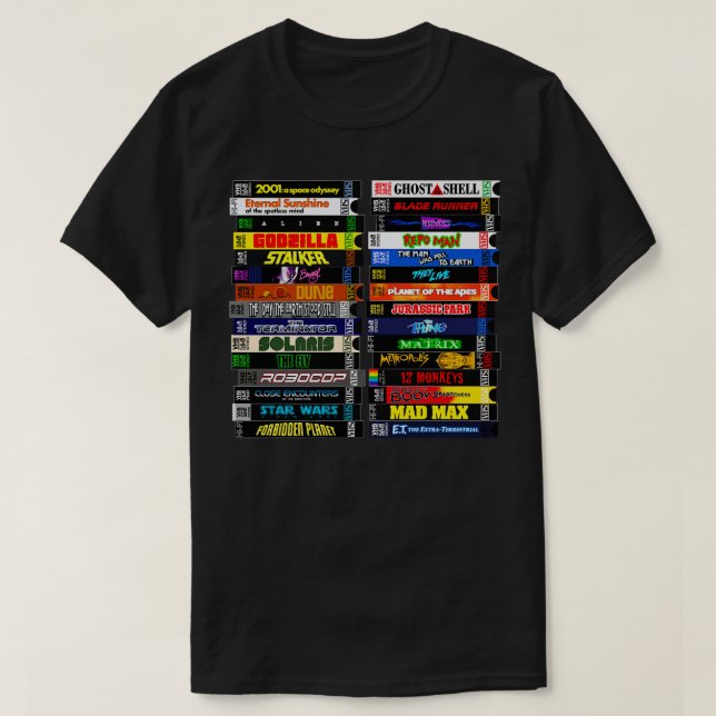 Camiseta Pilha de ficção científica VHS (Frente do Design)
