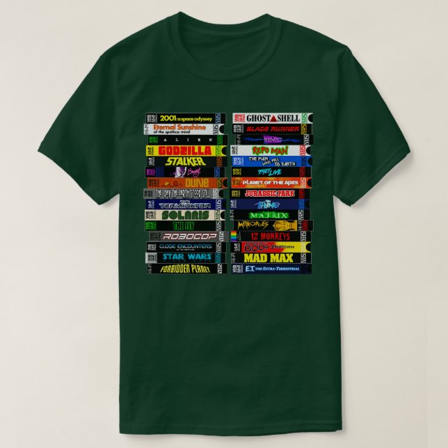 Camiseta Pilha de ficção científica VHS (Frente do Design)
