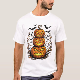 Camiseta Pilha de Jack-o-Lantern de Halloween com Morcegos 