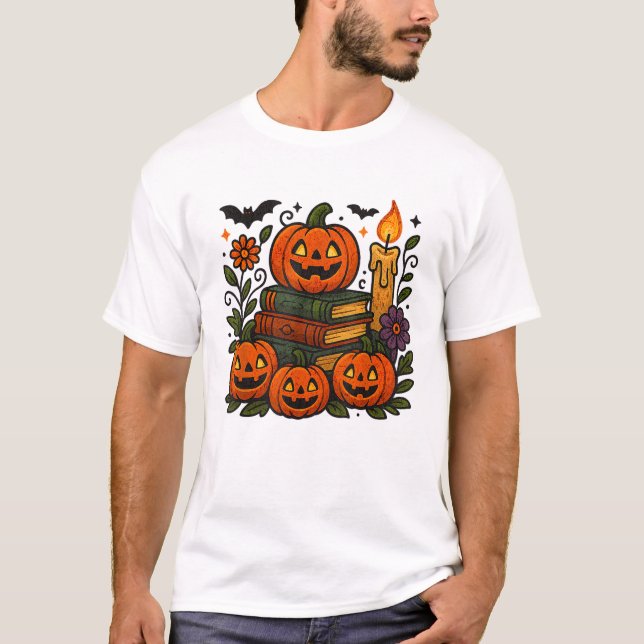 Camiseta Pilha de Livro com Flores de Queda (Frente)