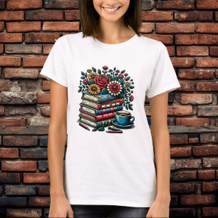 Camiseta Pilha de Livros Antigos, Café e Flores