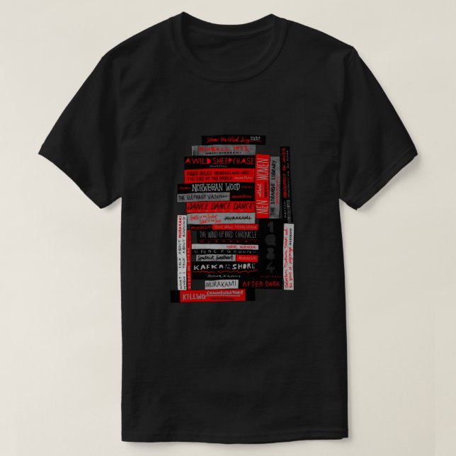 Camiseta Pilha de Livros de Murakami Fanática (Cor) (Frente do Design)