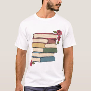 Camiseta Pilha de Livros Fofa com Rosas