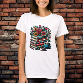 Camiseta Pilha de Livros Vintage, Café e Flores
