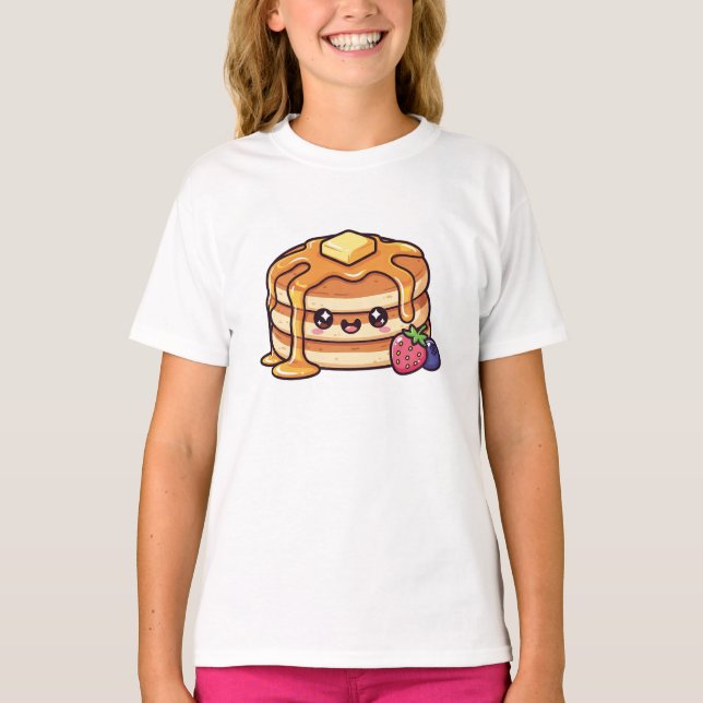 Camiseta Pilha de Panqueca Fofa Kawaii com Xarope e Frutas (Frente)
