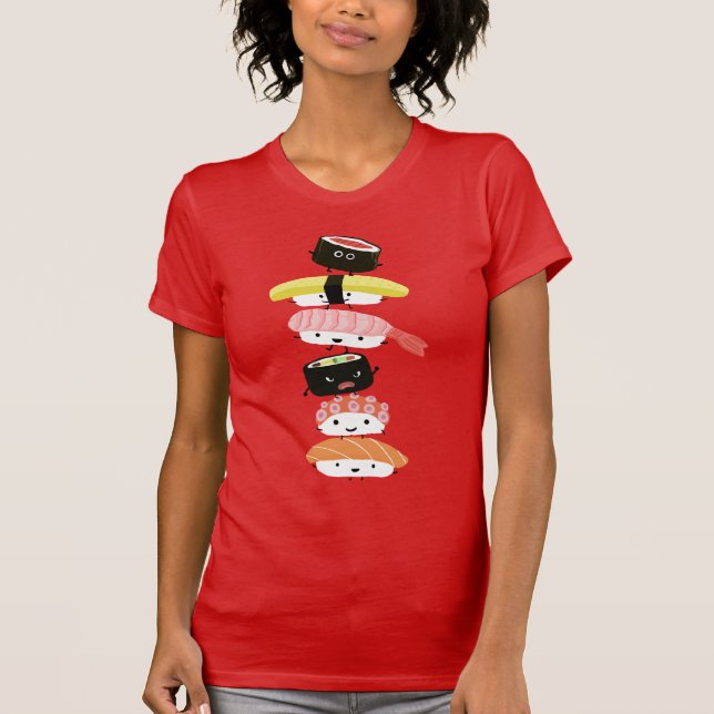 Camiseta Pilha Sushi - Torre Divertida dos Amigos de Kawaii (Frente)