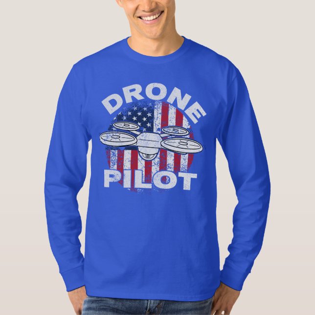 Camiseta Piloto de drone Multirotor Quadcopter Bandeira Ame (Frente)