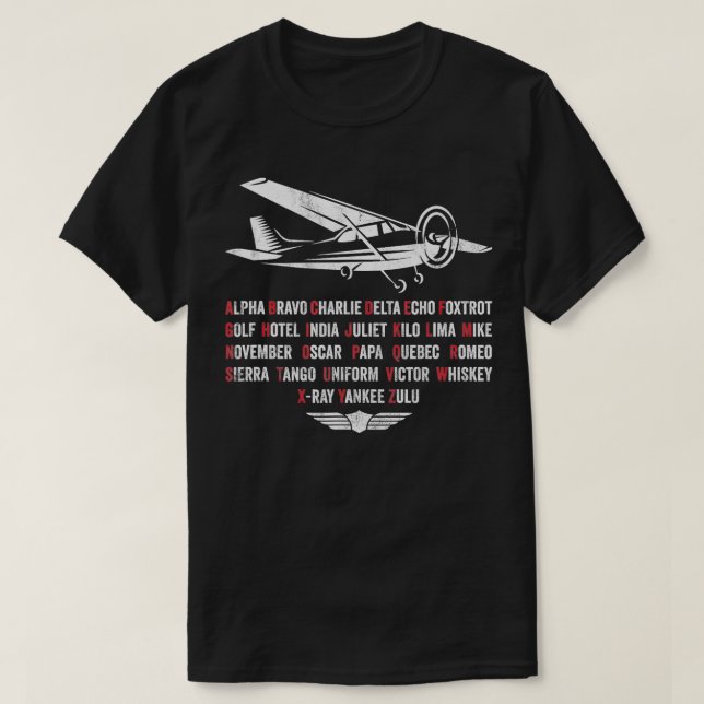 Camiseta Piloto fonético Alfabeto C172 Avião (Frente do Design)