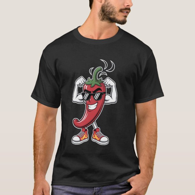 Camiseta Pimenta Chili Forte Flexionando Músculos com Óculo (Frente)