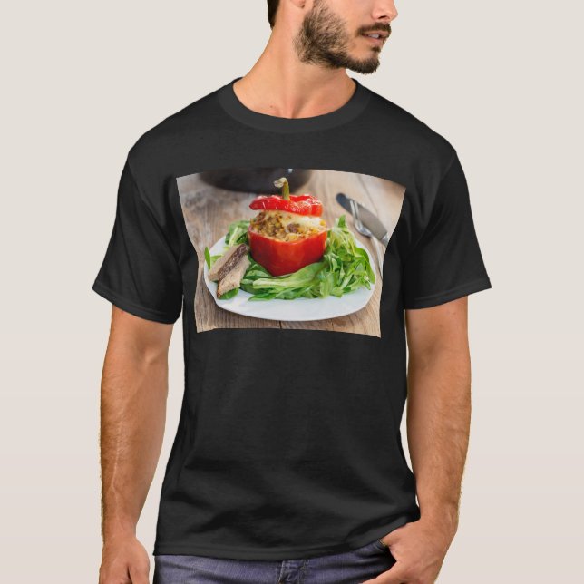 Camiseta Pimentos cozidos em película com molho de carne e  (Frente)
