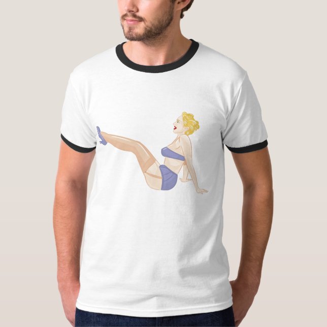 Camiseta Pin do louro acima da menina na meia-calça e nas (Frente)