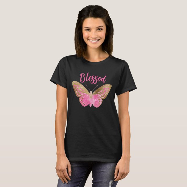 Camiseta Pingk e Dourado Tanque de Borboleta Abençoado (Frente Completa)