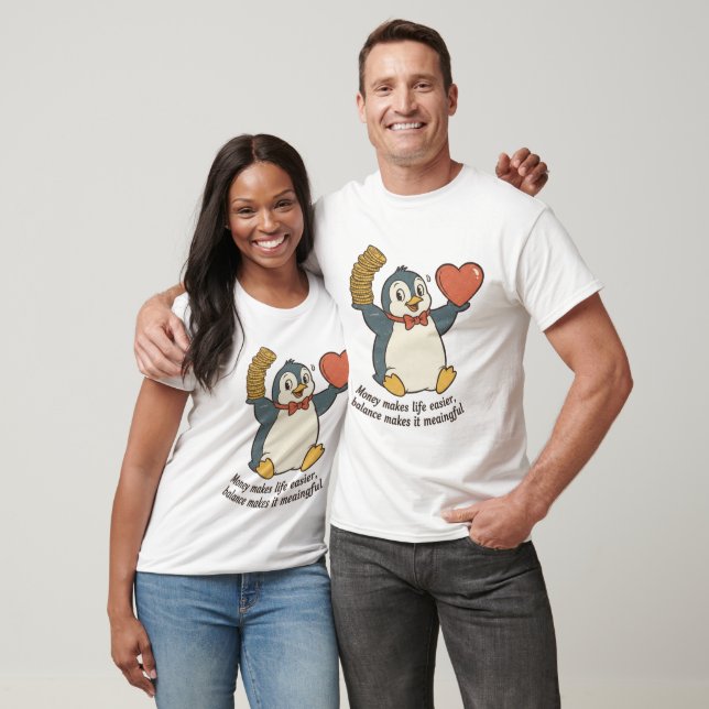 Camiseta Pinguim Alegre Equilibrando Dinheiro e Amor Citaçã (Unissex)