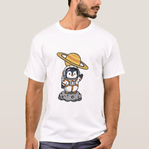 Camiseta Pinguim Astronauta Fofo Acenando no Asteroide