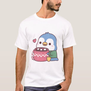 Camiseta Pinguim Azul Fofo Ama Cacau Quente Com Marshmallow