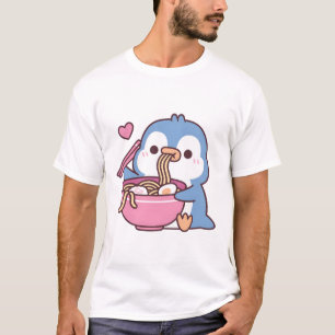 Camiseta Pinguim Azul Fofo Ama Comer Macarrão Ramen